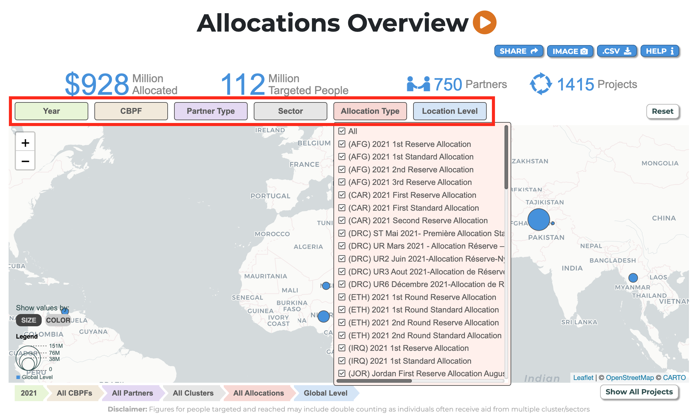 The filters are located above the interactive map