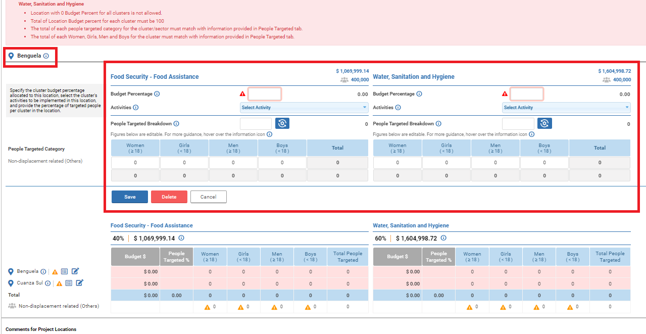 OneGMS - CERF Project Proposal – Locations Tab - Sector Tables for 1 location