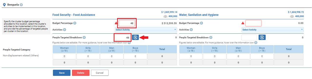 OneGMS - CERF Project Proposal – Locations Tab - Sector Tables per Location with automatic calculation