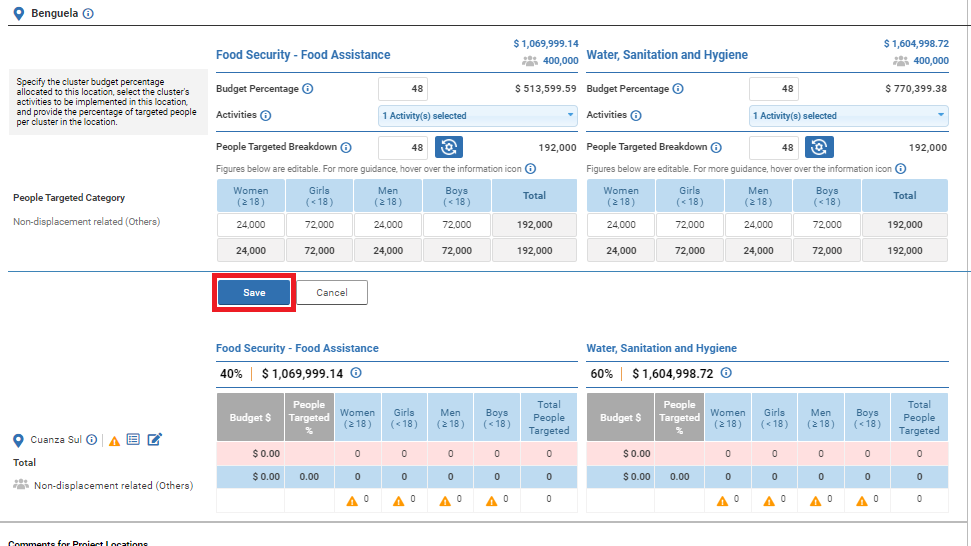 OneGMS - CERF Project Proposal – Locations Tab - Save Sector Tables for a location after automatic calculation