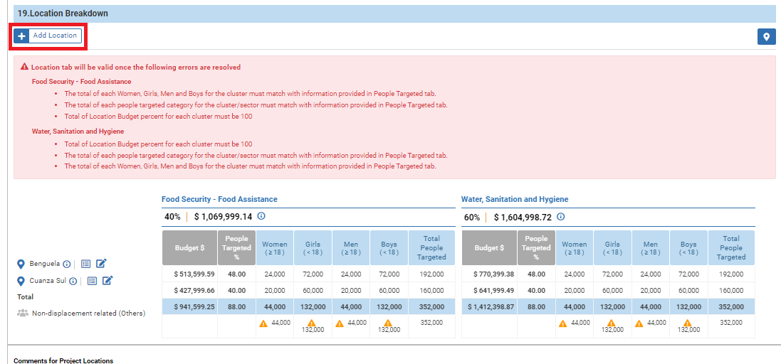 OneGMS - CERF Project Proposal – Locations Tab - [+Add location] button