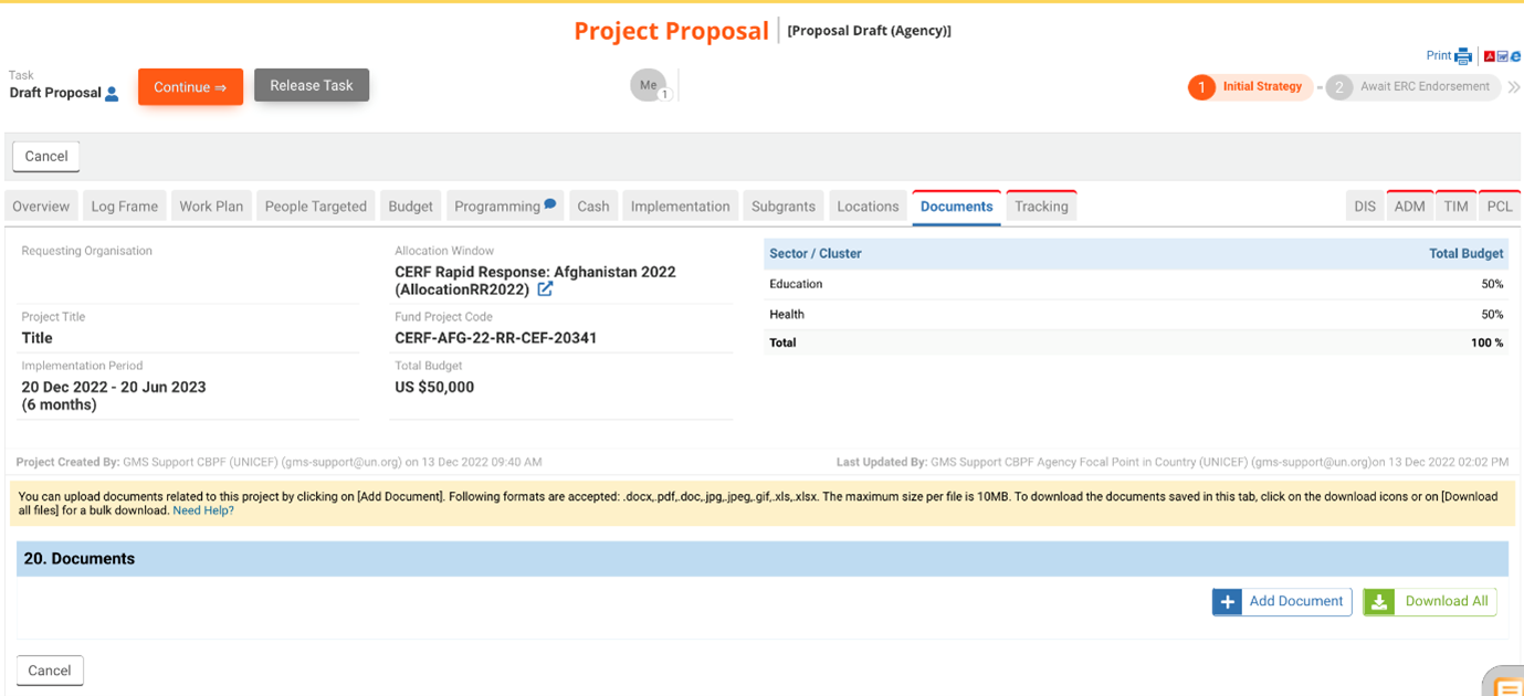 OneGMS - CERF Project Proposal - Documents Tab