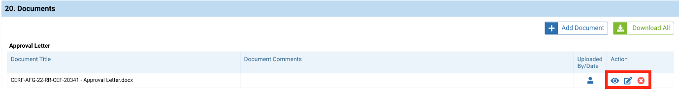 OneGMS - CERF Project Proposal - Documents Tab - Tab Actions