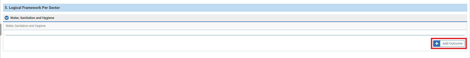 OneGMS - Project Proposal Form - Log Frame Tab - Add Outcome to Sector Log Frame