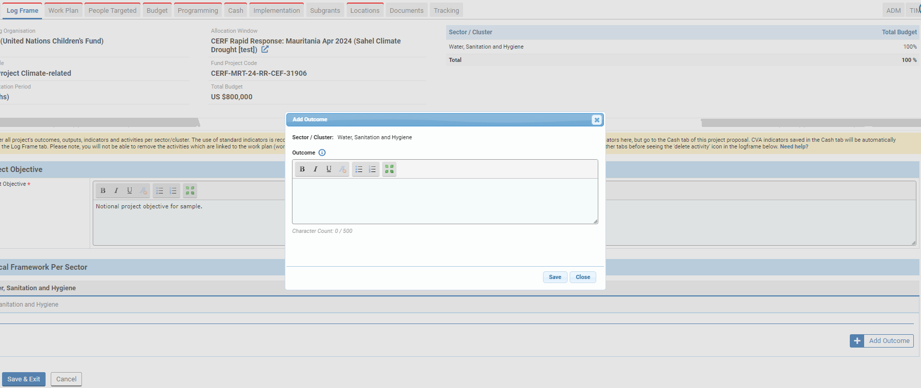 OneGMS - CERF Project Proposal - Log Frame Tab - Outcome Narrative Field 