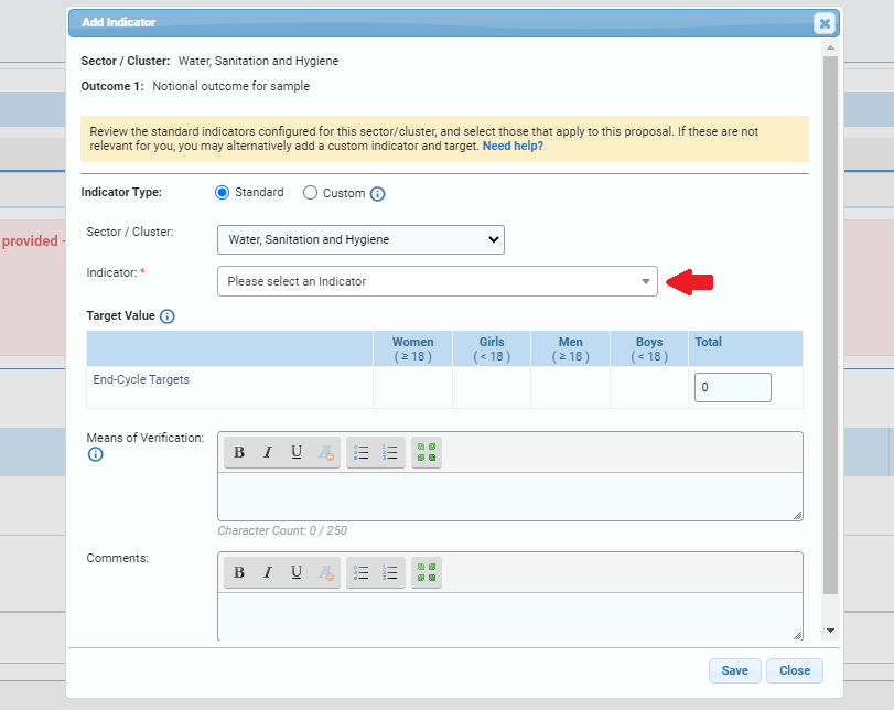 OneGMS - CERF Project Proposal Form - Log Frame Tab - Add Outcome Indicator with dropdown field indicated