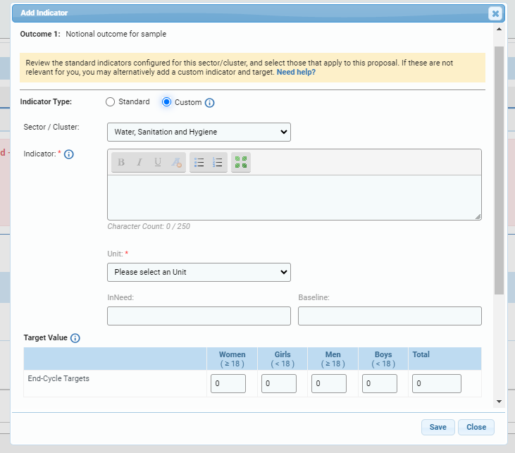 OneGMS - CERF Project Proposal - Log Frame tab - Add Custom Outcome Indicator