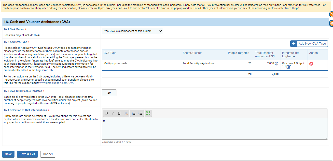 OneGMS - CERF Project Proposal Form - Cash tab - whole page