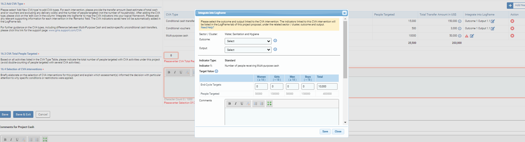 OneGMS - CERF Project Proposal Form - Cash tab - Integrate CVA into Logical Framework