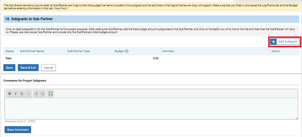 OneGMS - CERF Project Proposal - Subgrants Tab - Full Page Blank