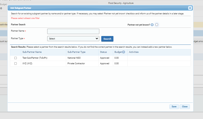 OneGMS - CERF Project Proposal - Subgrants Tab - Popup Add Subgrants