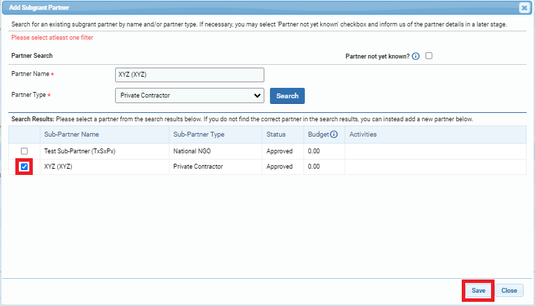 OneGMS - CERF Project Proposal - Subgrants Tab - Checkmark Sub-IP in table