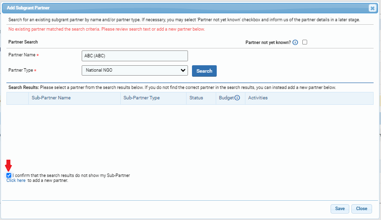 OneGMS - CERF Project Proposal - Subgrants Tab - Sub-Partner not found in system