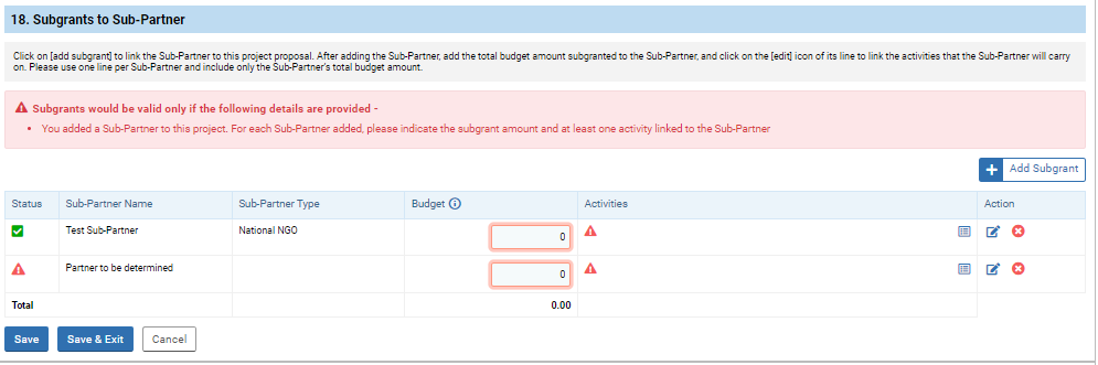 OneGMS - CERF Project Proposal - Subgrants Tab - Error Messages