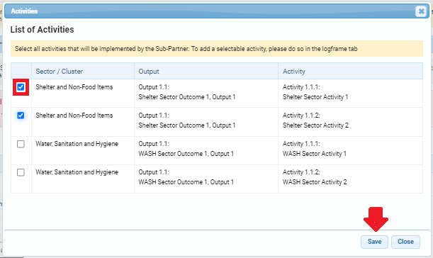 OneGMS - CERF Project Proposal - Subgrants Tab - Assign Output Activities from the Log Frame to a Sub-IP