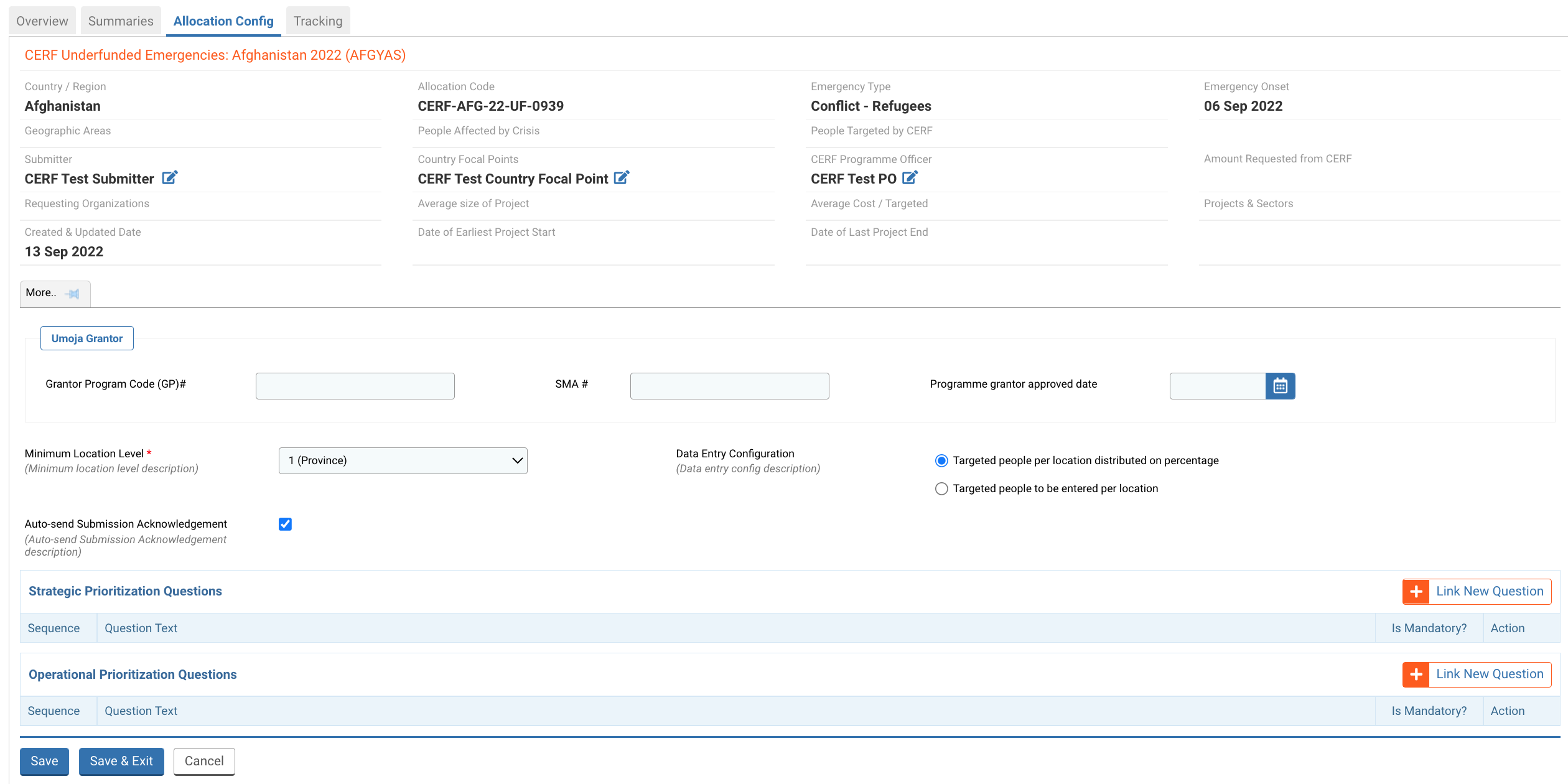 Allocation config tab