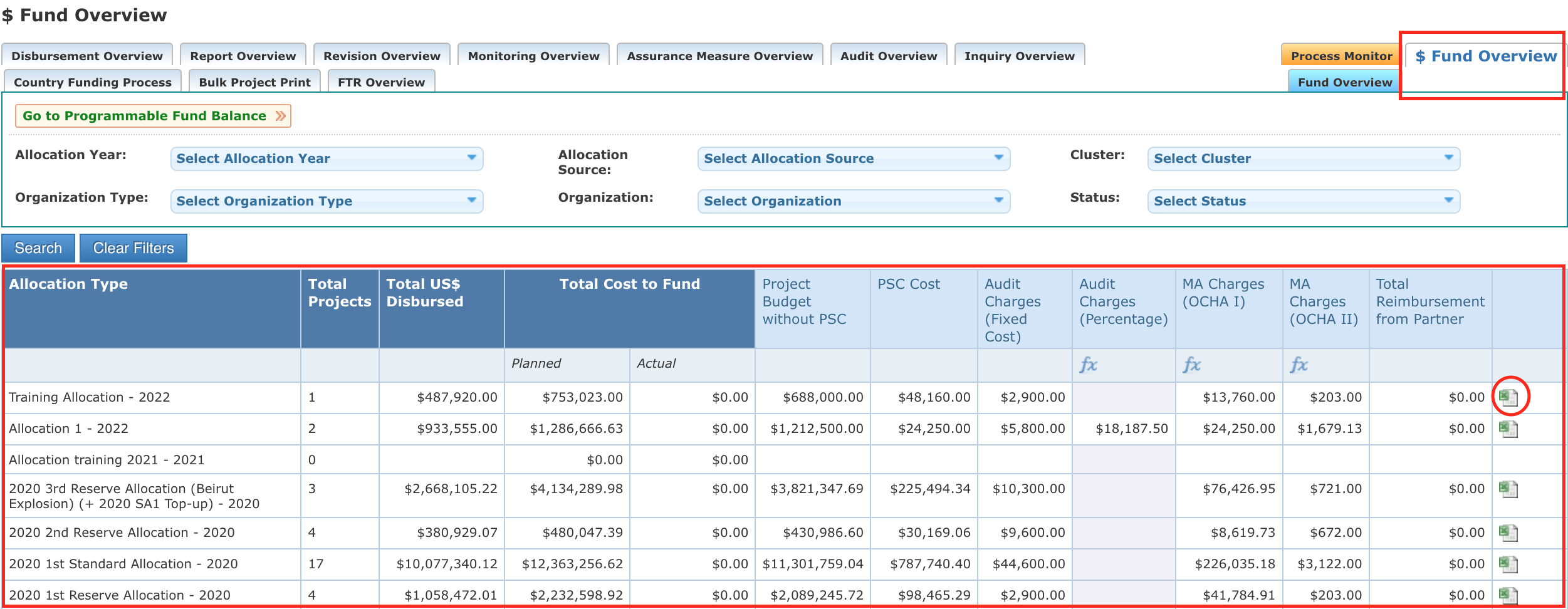 The $ Fund Overview table is highlighted. You can export one allocation’s data as an Excel sheet by clicking on the Excel icon at the end of its line.