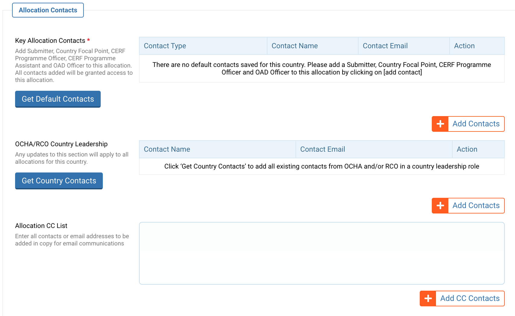 The allocation contacts section