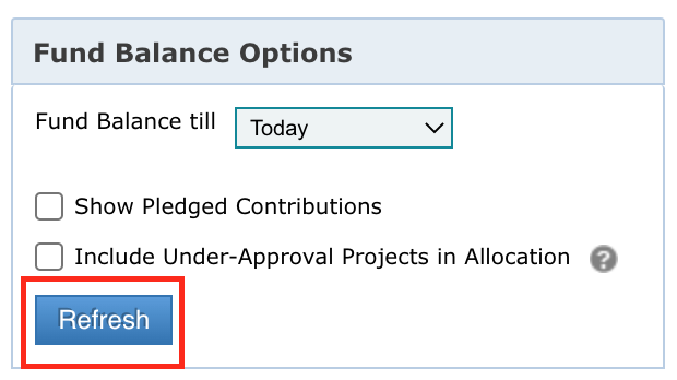 Filters on the left-hand side of the page that allows to select the Fund Balance year, the Pledged Contribution and to include Under-Approval Projects in Allocation. 