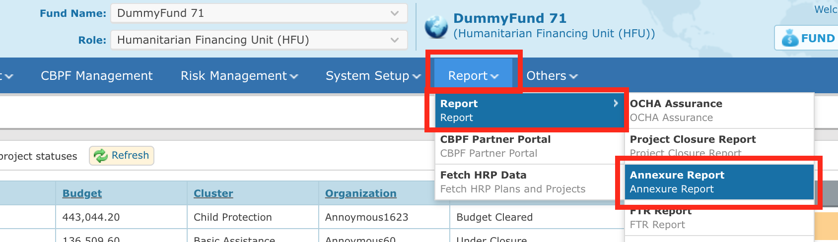 To access the Annexure report page, click on Report > Report > Annexure Report 