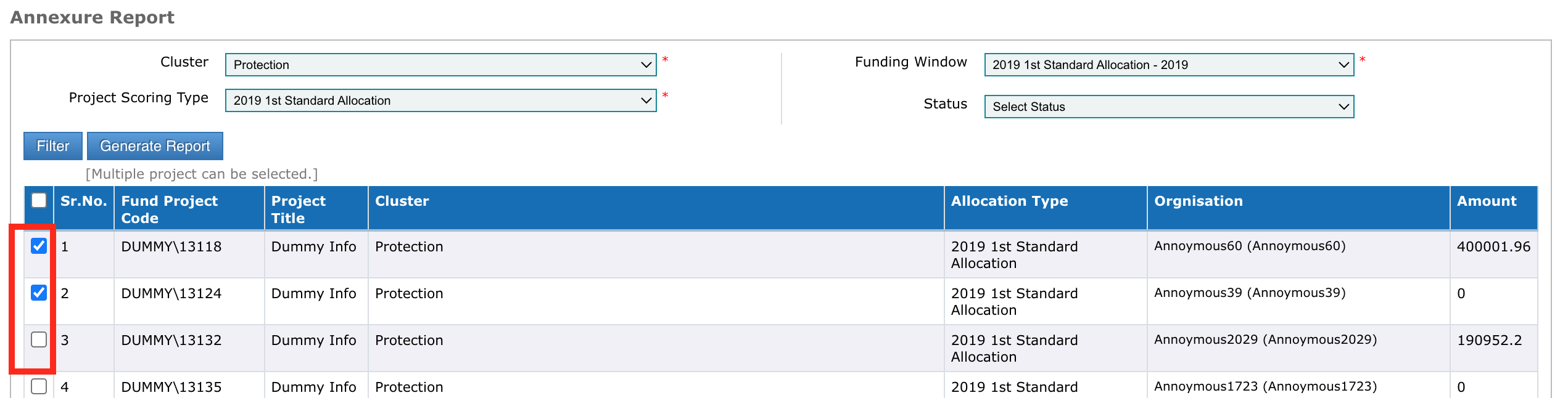 The project's checkbox is located on the left side of the each project line