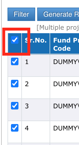 To select all the projects of the list, click on the checkbox located on the left side of the menu header. 